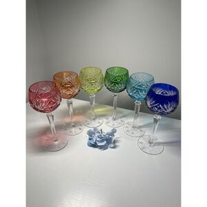 6 Vintage Nachtmann Crystal Wine Glasses Multi Color Cut Overlay Bohemian Star